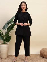 Thread Plus Black Color Cotton Flax Fabric Regular Fit Round Neck Co-Ord Set for Women